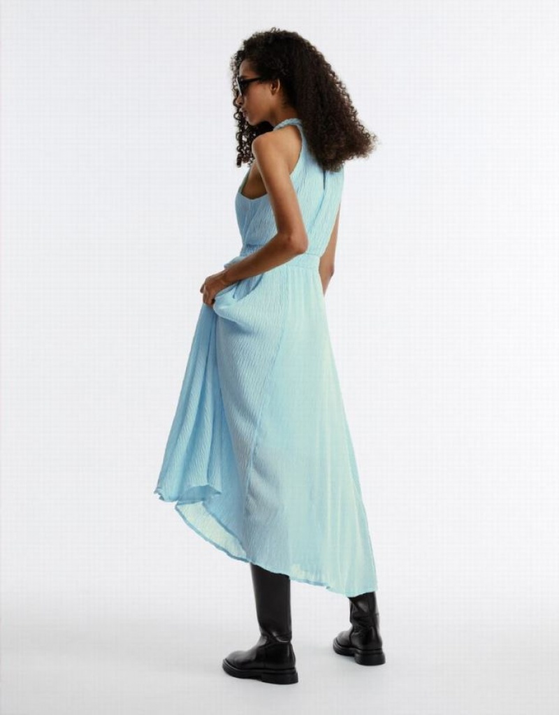 Blue Urban Revivo Textured Halter Women's Casual Dress | QFXAHM-476