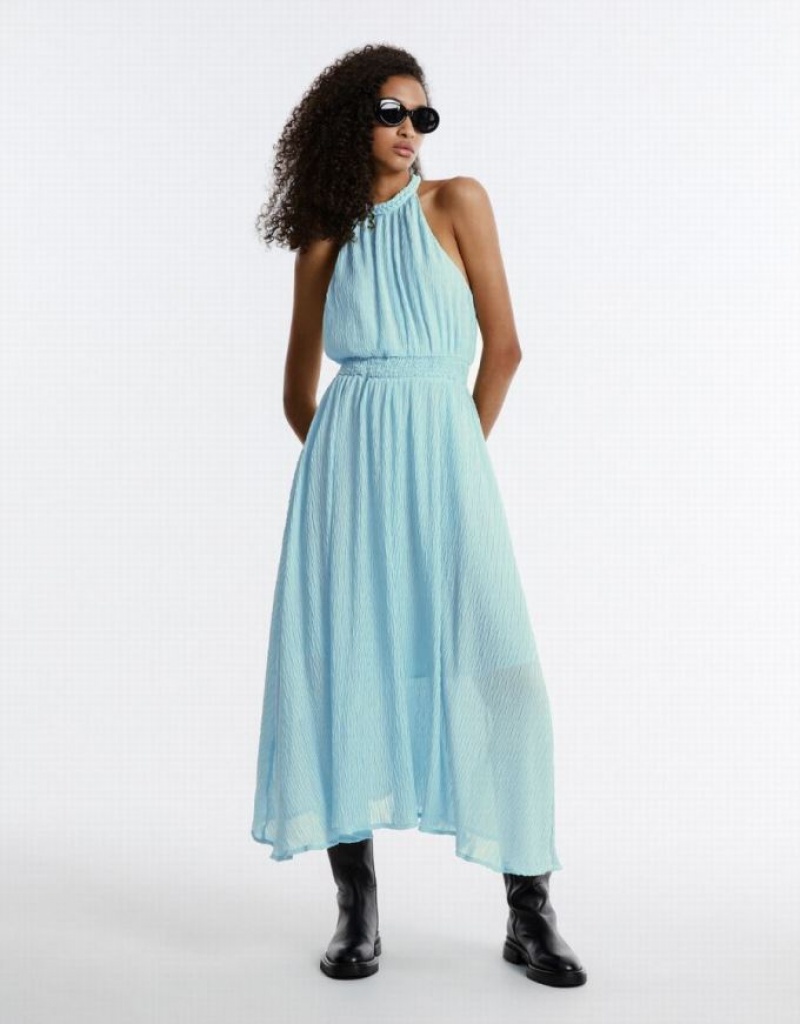 Blue Urban Revivo Textured Halter Women\'s Casual Dress | QFXAHM-476