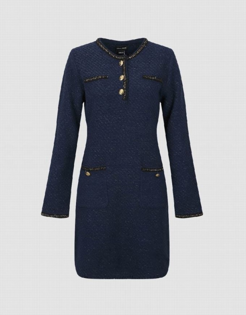 Blue Urban Revivo Tweed Crew Neck Women's Knitted Dress | ELITXQ-189