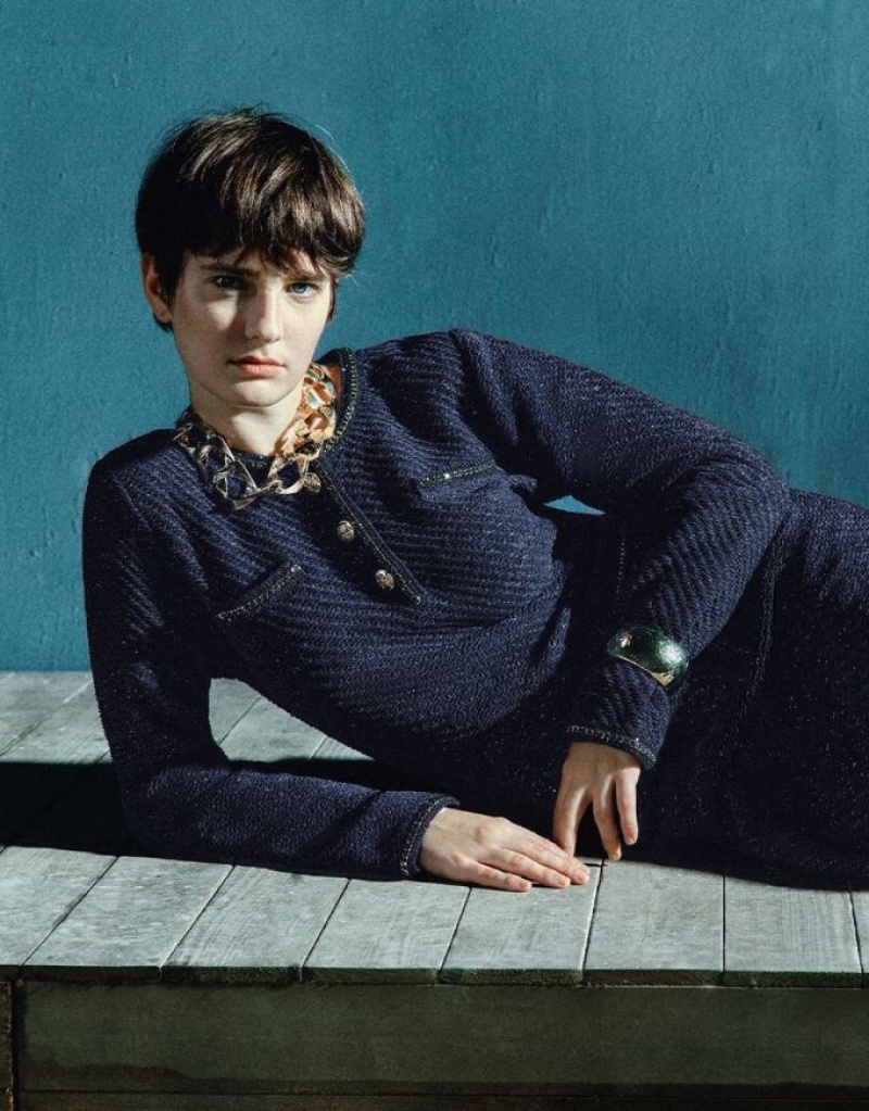 Blue Urban Revivo Tweed Crew Neck Women's Knitted Dress | ELITXQ-189