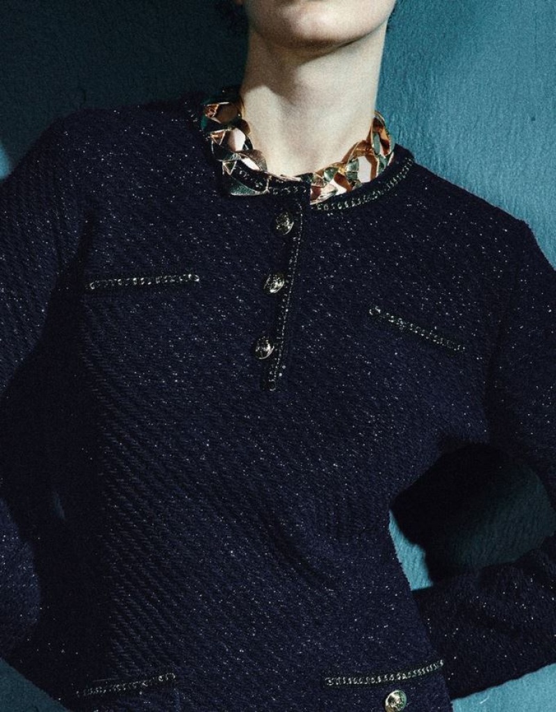 Blue Urban Revivo Tweed Crew Neck Women's Knitted Dress | ELITXQ-189