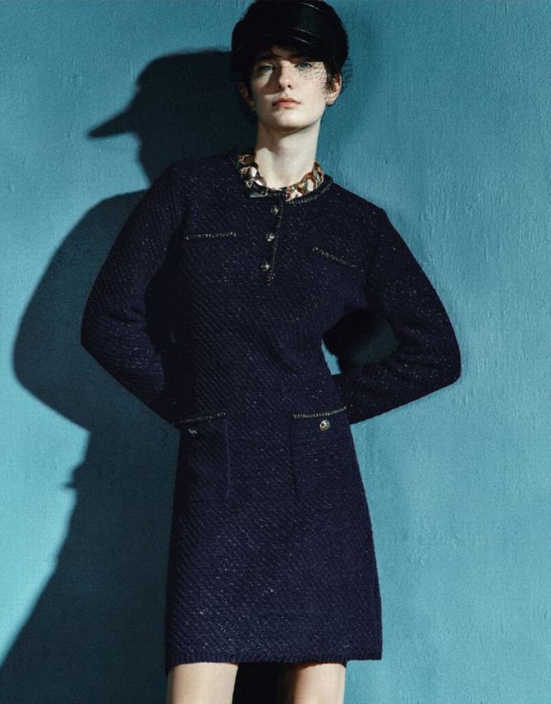 Blue Urban Revivo Tweed Crew Neck Women\'s Knitted Dress | ELITXQ-189