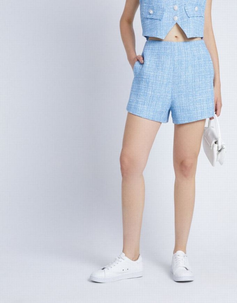 Blue Urban Revivo Tweed Flecked Women's Shorts | DZVGKE-694