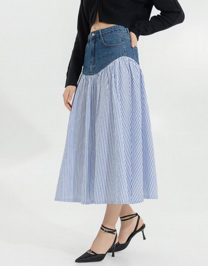 Blue Urban Revivo Two Toned A-Line Women's Denim Skirt | LXKUWR-539