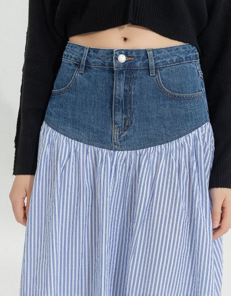 Blue Urban Revivo Two Toned A-Line Women's Denim Skirt | LXKUWR-539