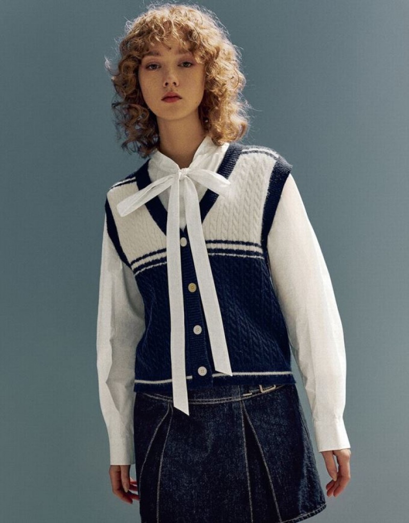Blue Urban Revivo Two Toned Knitted V-Neck Waistcoat Women\'s Coats | MCJGPH-158