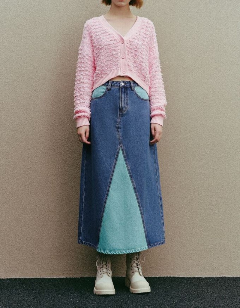 Blue Urban Revivo Two Toned Midi A-Line Women's Denim Skirt | QXUKMH-589