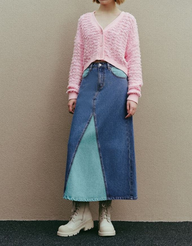 Blue Urban Revivo Two Toned Midi A-Line Women's Denim Skirt | QXUKMH-589