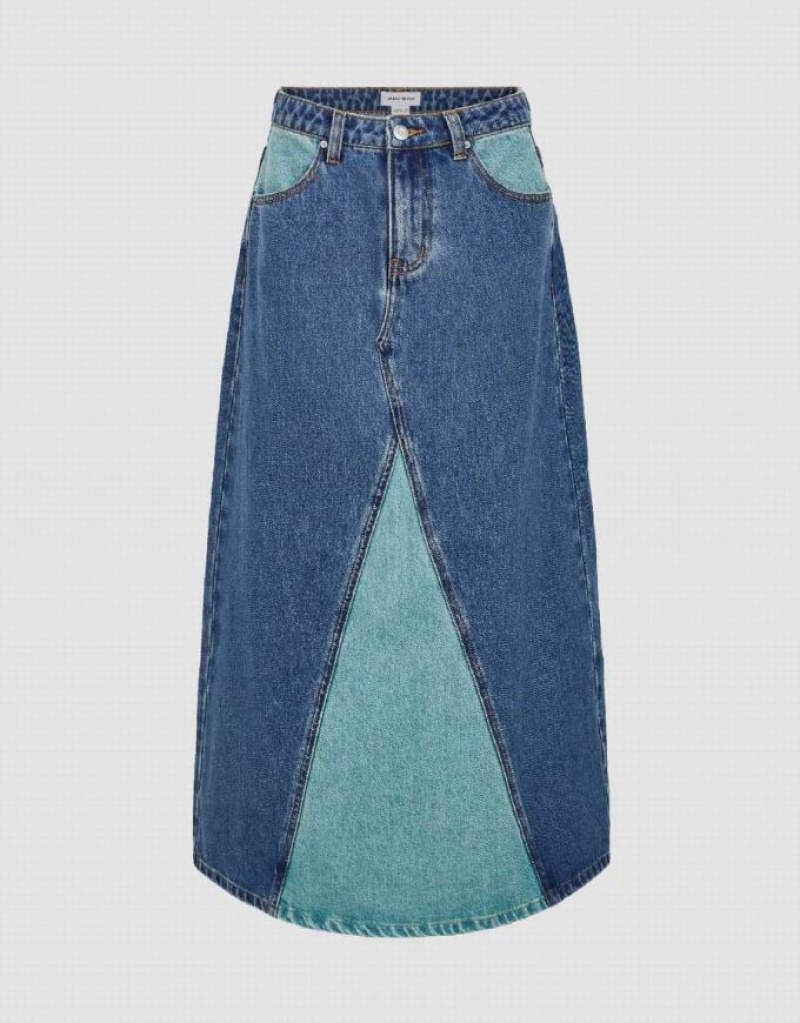 Blue Urban Revivo Two Toned Midi A-Line Women\'s Denim Skirt | QXUKMH-589