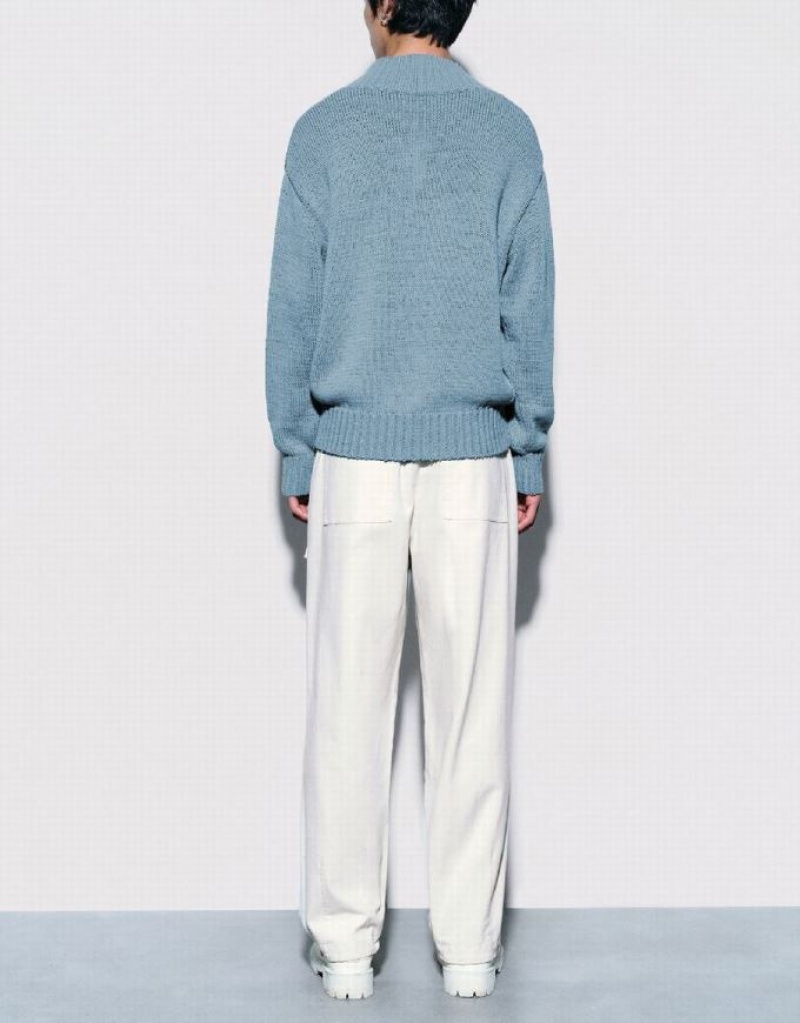 Blue Urban Revivo V-Neck Knitted Men's Cardigan | TRFPGU-678