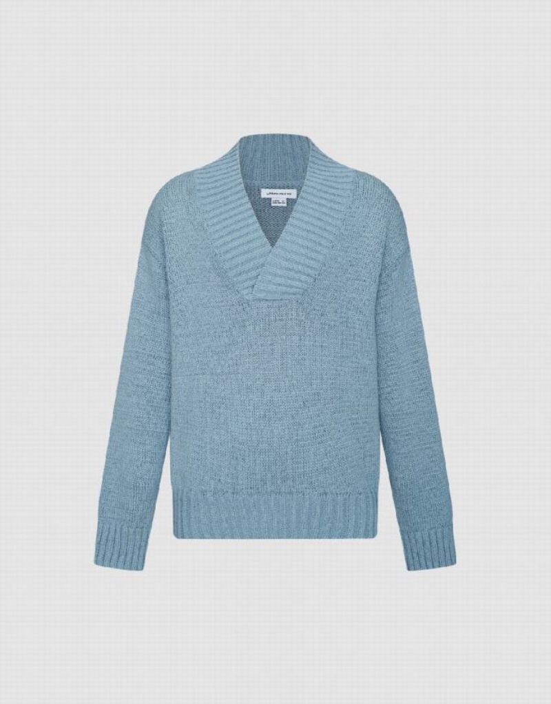 Blue Urban Revivo V-Neck Knitted Men\'s Cardigan | TRFPGU-678