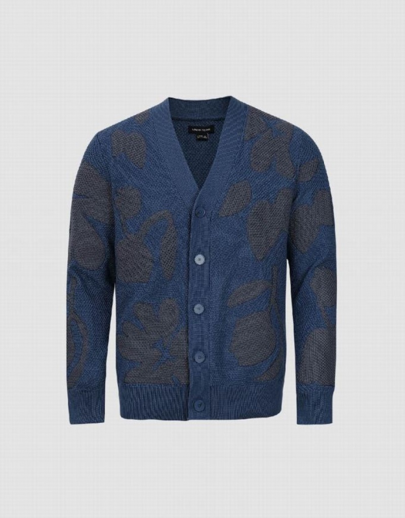 Blue Urban Revivo V-Neck Knitted Men's Cardigan | VJQHPD-210