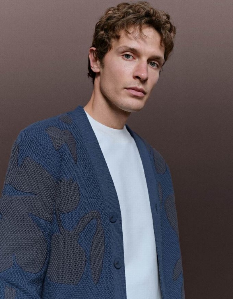 Blue Urban Revivo V-Neck Knitted Men's Cardigan | VJQHPD-210