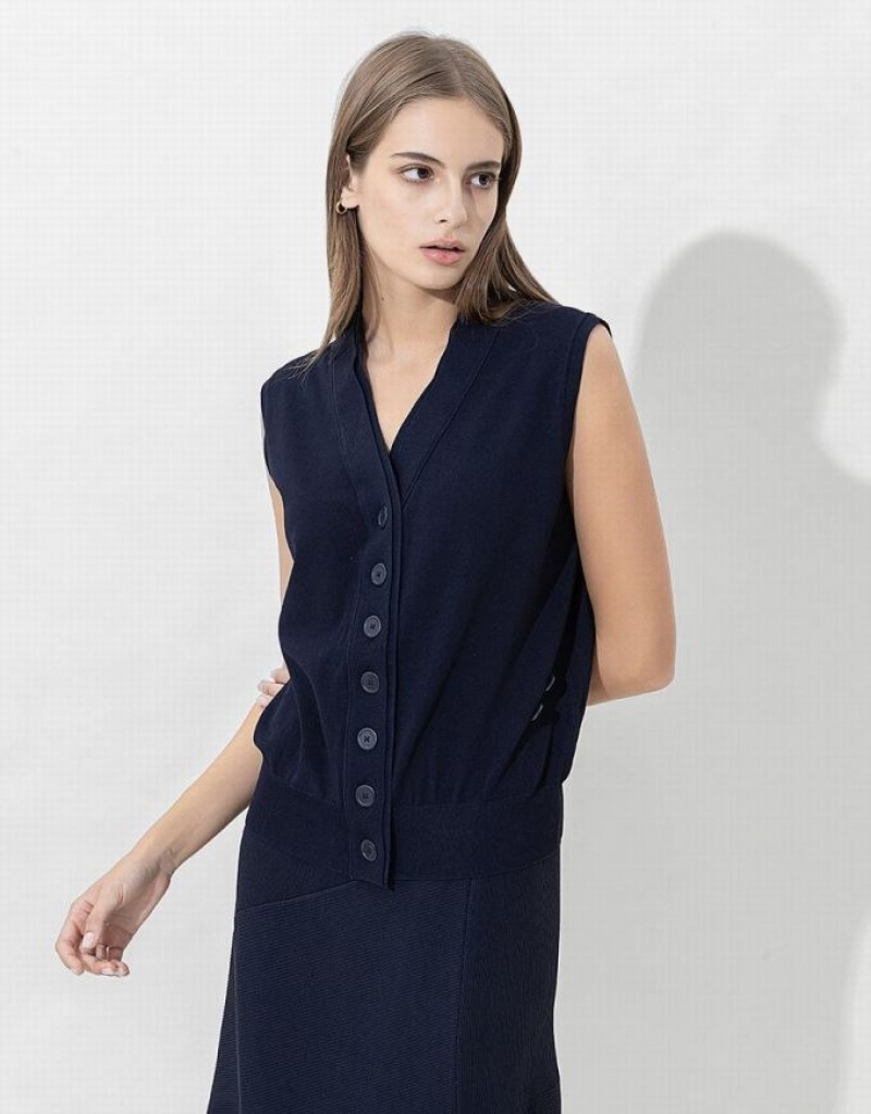 Blue Urban Revivo V-Neck Knitted Waistcoat Women's Cardigan | BETLQX-165