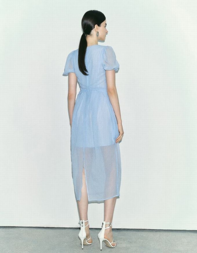 Blue Urban Revivo V-Neck Skater Women's Short Dress | YDXSLC-314
