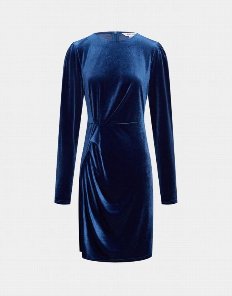 Blue Urban Revivo Velvet Bodycon Women\'s Casual Dress | YCXBNJ-413