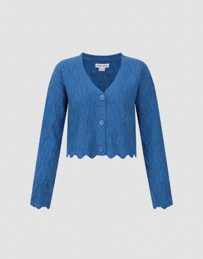 Blue Urban Revivo Wave Trim V-Neck Knitted Women's Cardigan | MXLZSD-405