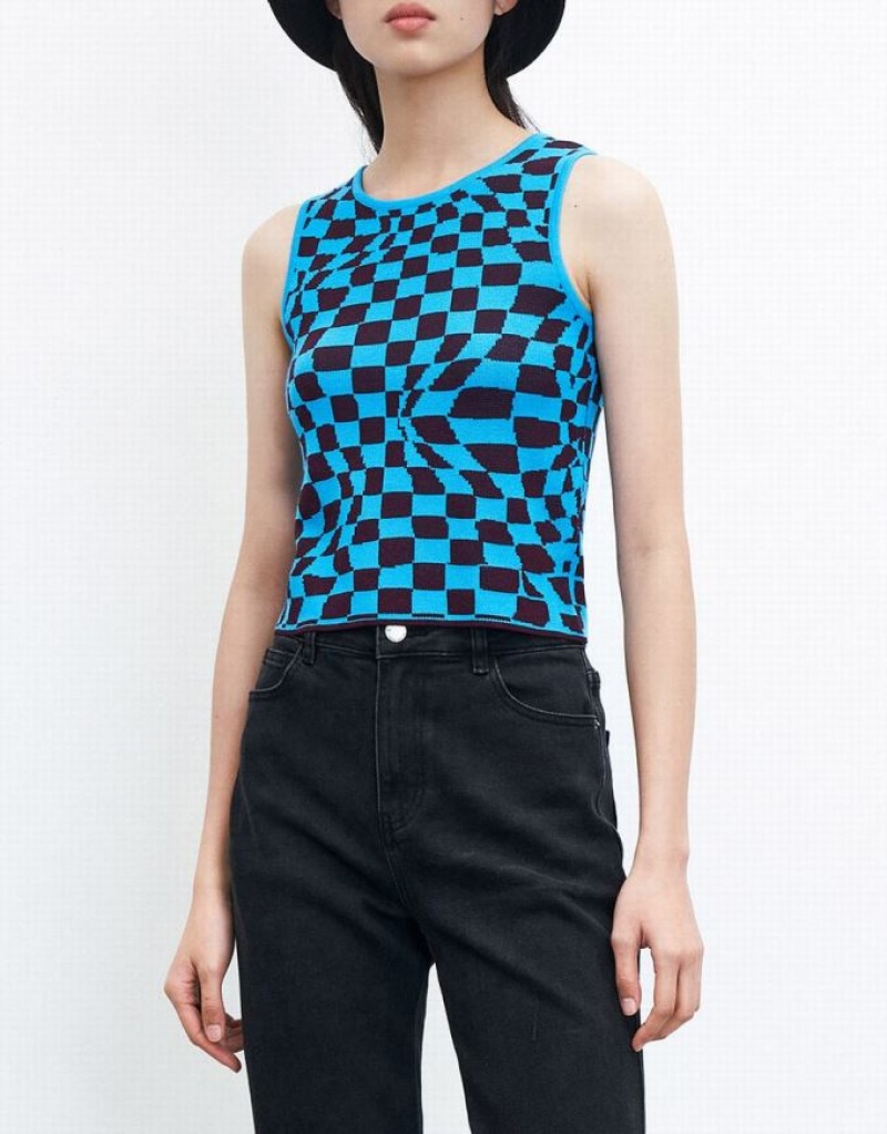 Blue Urban Revivo Wavy Checkered Knitted Women's Tank Top | PBLINX-083