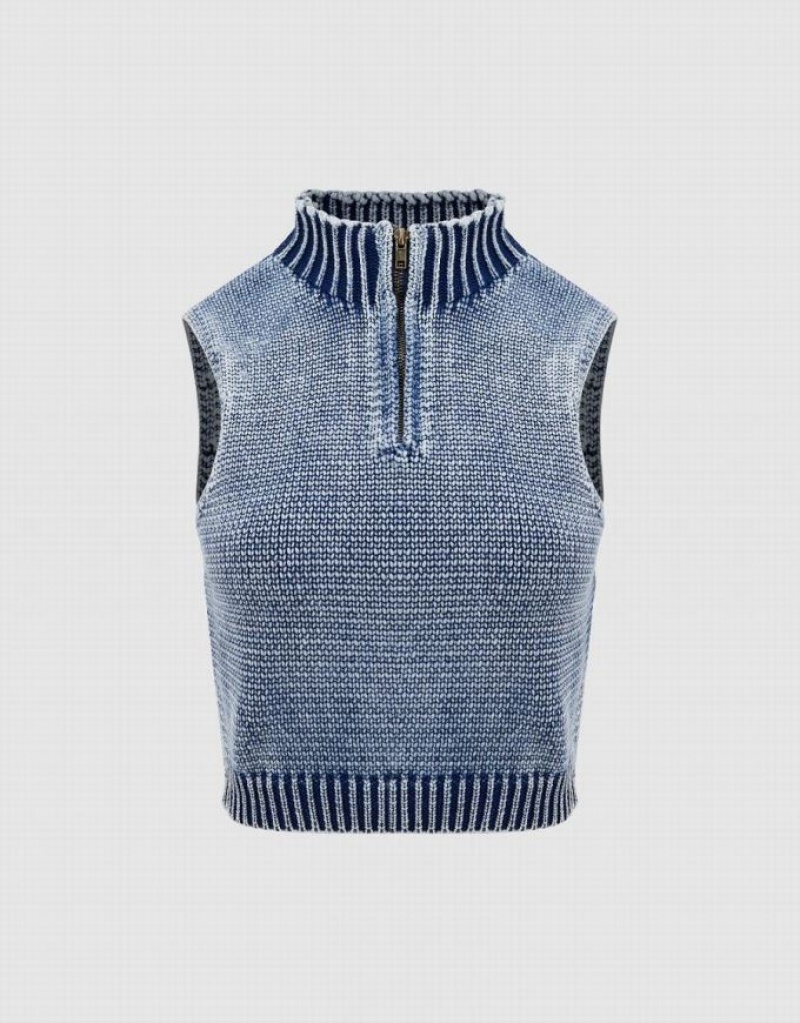 Blue Urban Revivo Zip Half Placket Knitted Women's Cardigan | EKWRDX-526