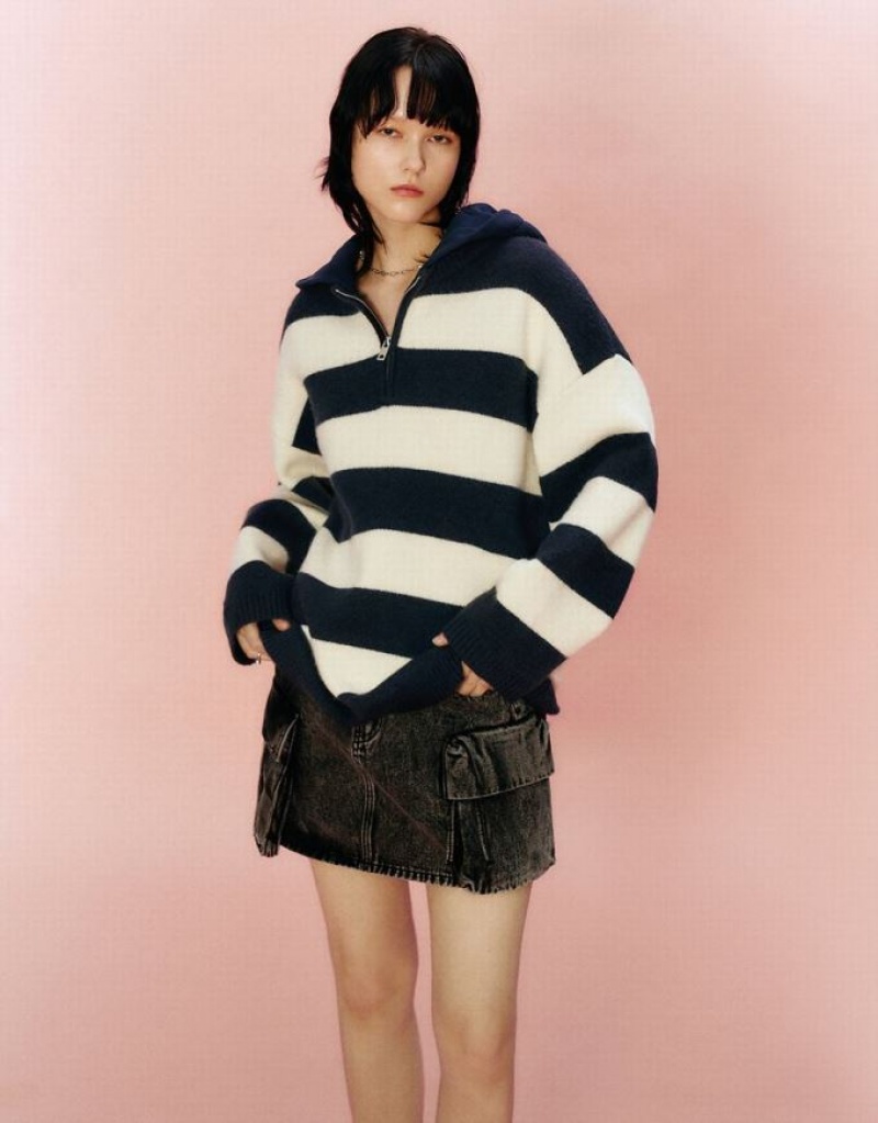 Blue Urban Revivo Zip Half Placket Striped Knitted Women's Cardigan | MIUSBX-603