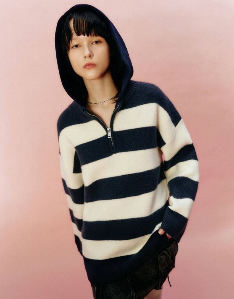 Blue Urban Revivo Zip Half Placket Striped Knitted Women\'s Cardigan | MIUSBX-603