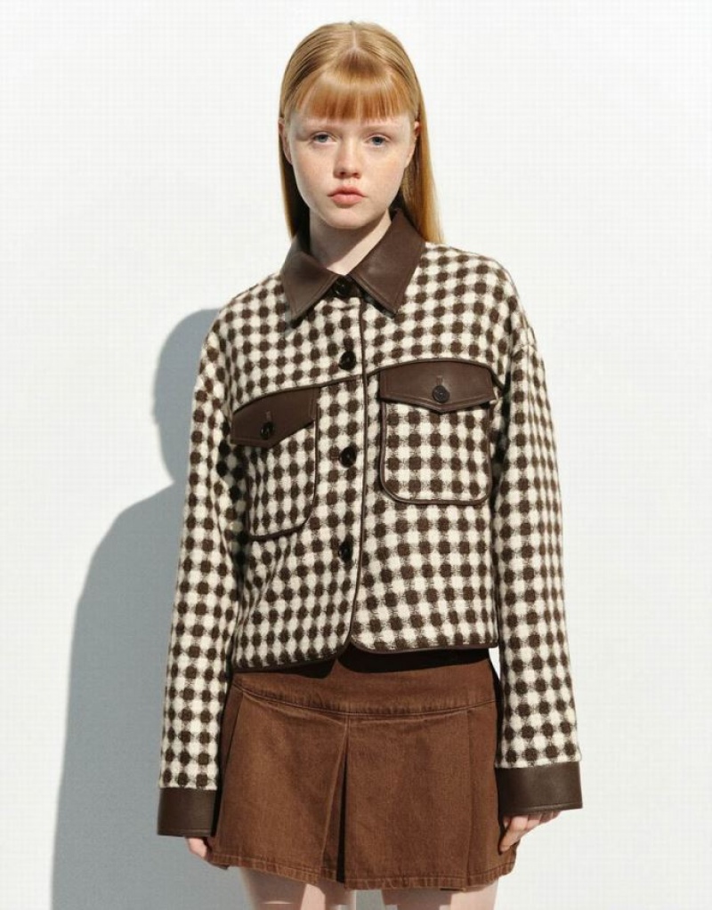 Brown Urban Revivo Argyle Printed Straight Women\'s Jacket | GQJXAK-439