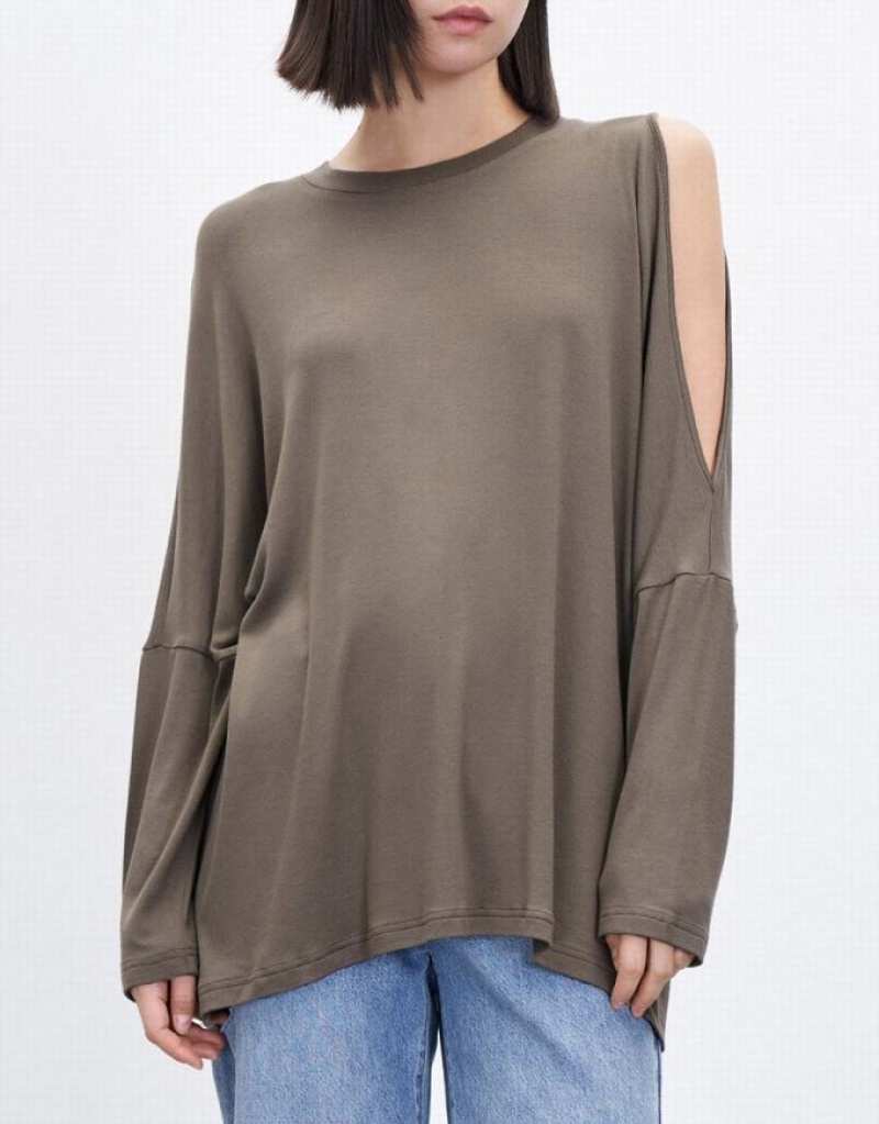 Brown Urban Revivo Boxy Long Sleeve Women's T-Shirts | GJKOFP-936
