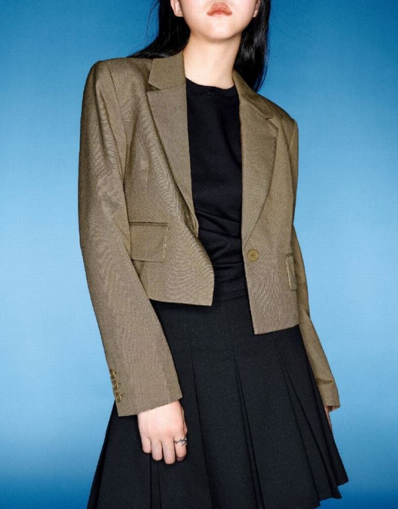 Brown Urban Revivo Cropped Notch Lapel Women's Blazers | XYZFVT-738