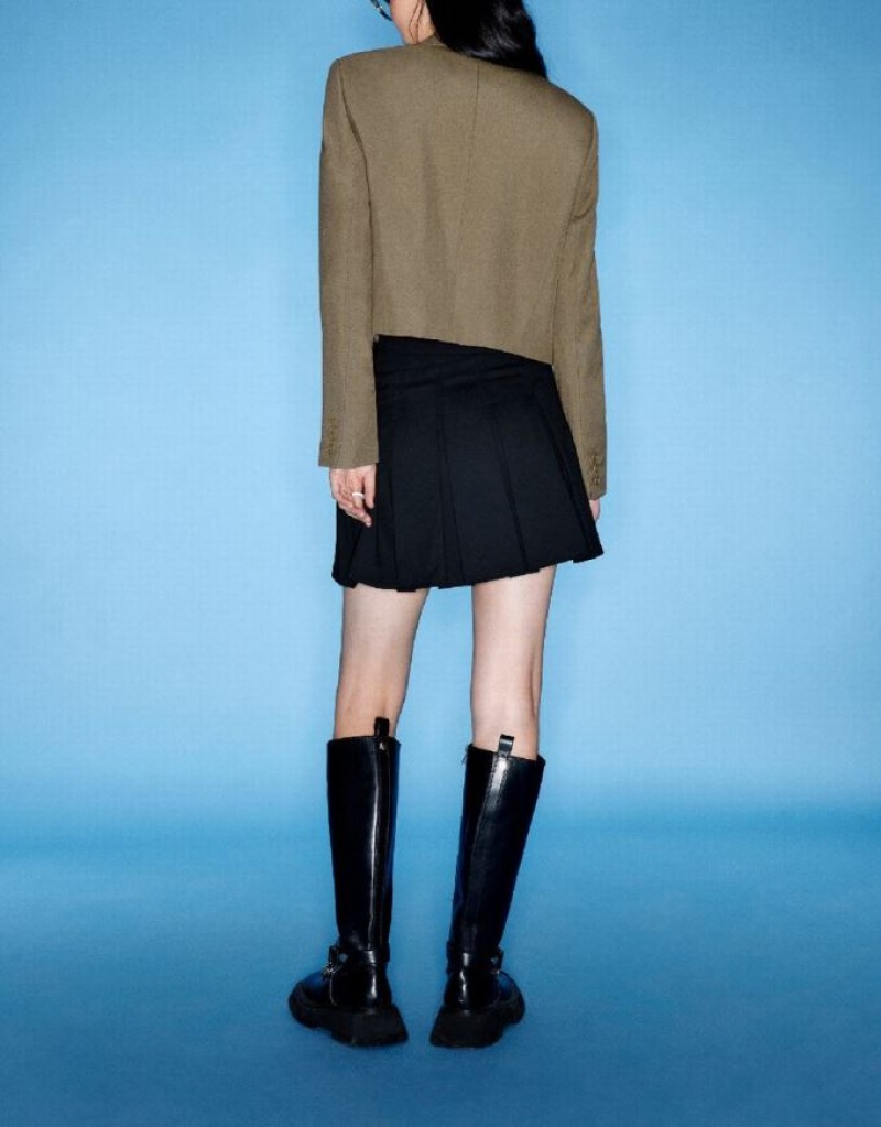 Brown Urban Revivo Cropped Notch Lapel Women's Blazers | XYZFVT-738