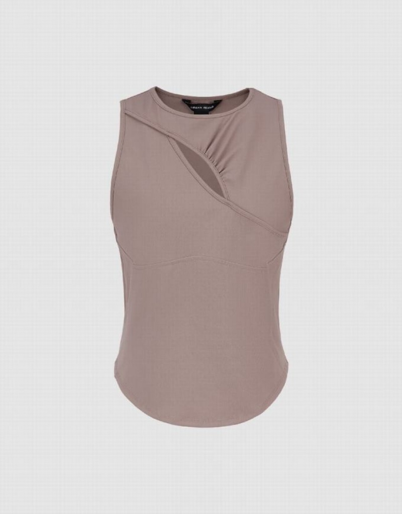 Brown Urban Revivo Cut-Out Women's Tank Top | GCKOPU-406