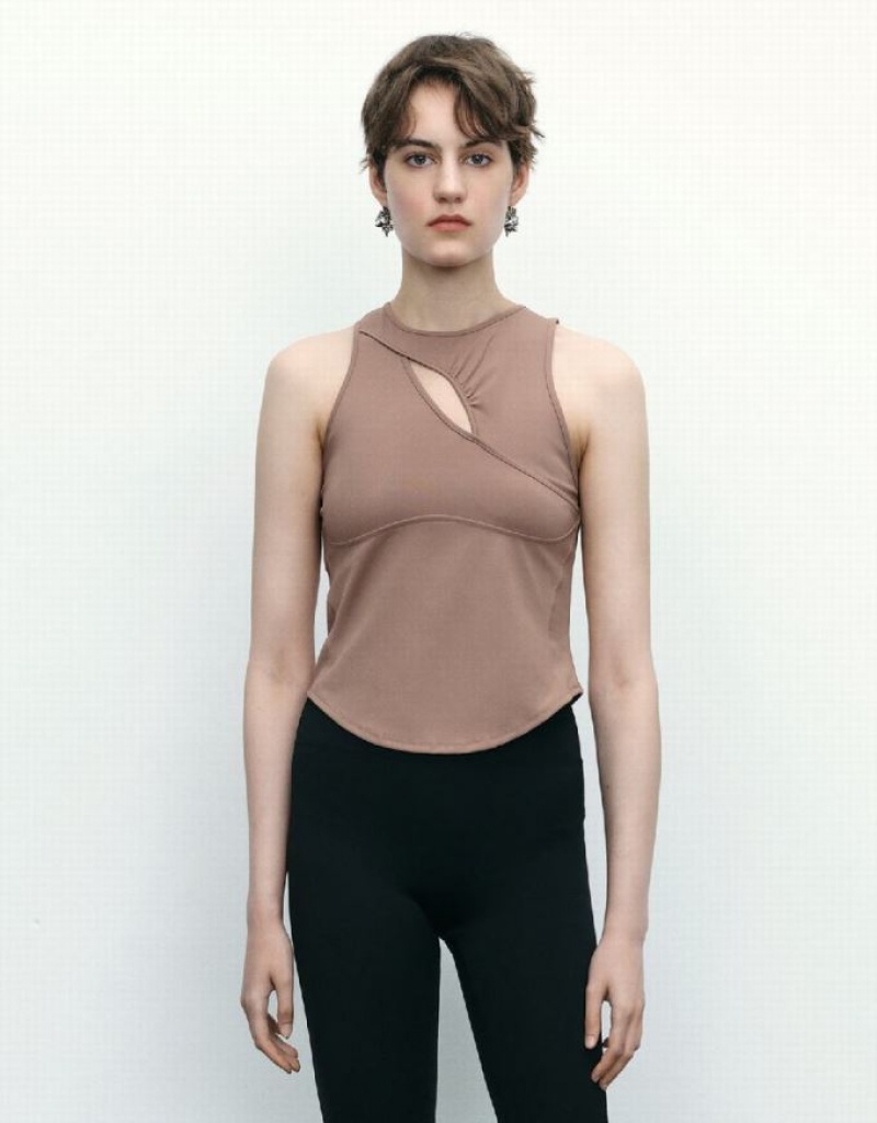Brown Urban Revivo Cut-Out Women\'s Tank Top | GCKOPU-406