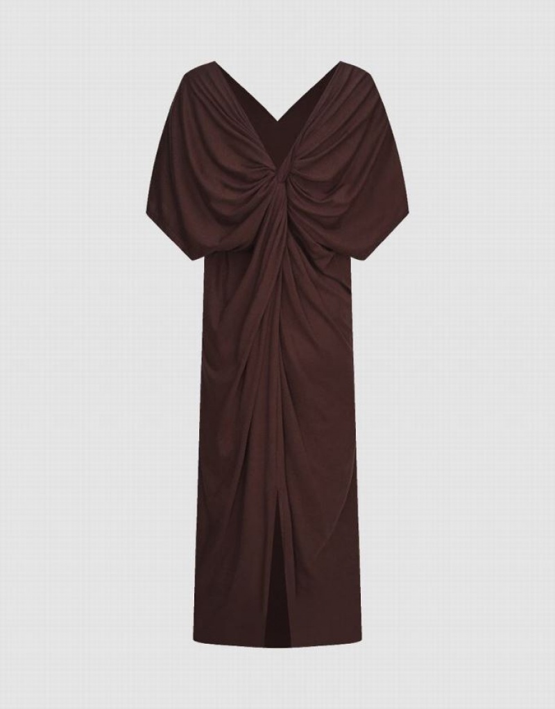 Brown Urban Revivo Dolman Sleeve V-Neck Women's Casual Dress | DQNAFU-628