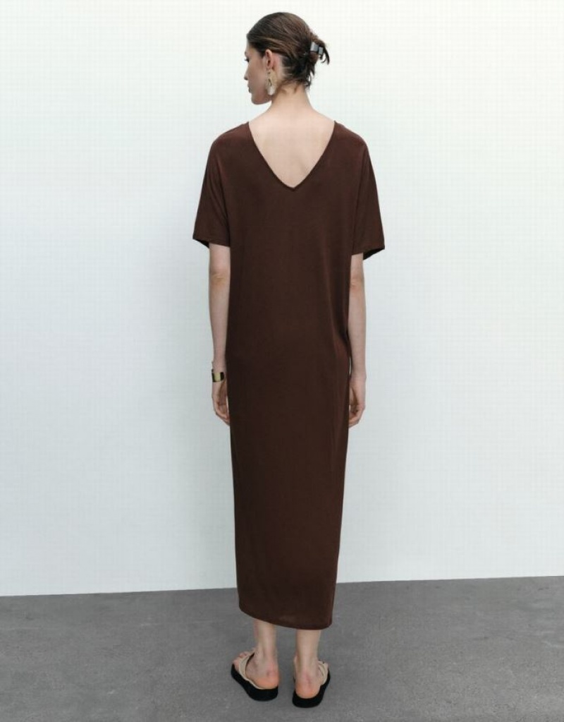 Brown Urban Revivo Dolman Sleeve V-Neck Women's Casual Dress | DQNAFU-628