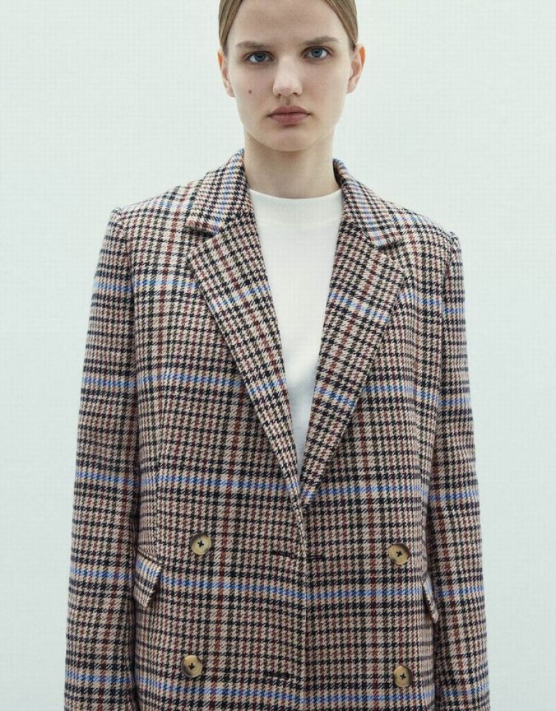 Brown Urban Revivo Double Breasted Plaid Women's Blazers | JFAQTS-246