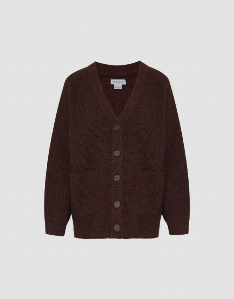 Brown Urban Revivo Drop Shoulder Sleeve V-Neck Knitted Women's Cardigan | LGEICN-139