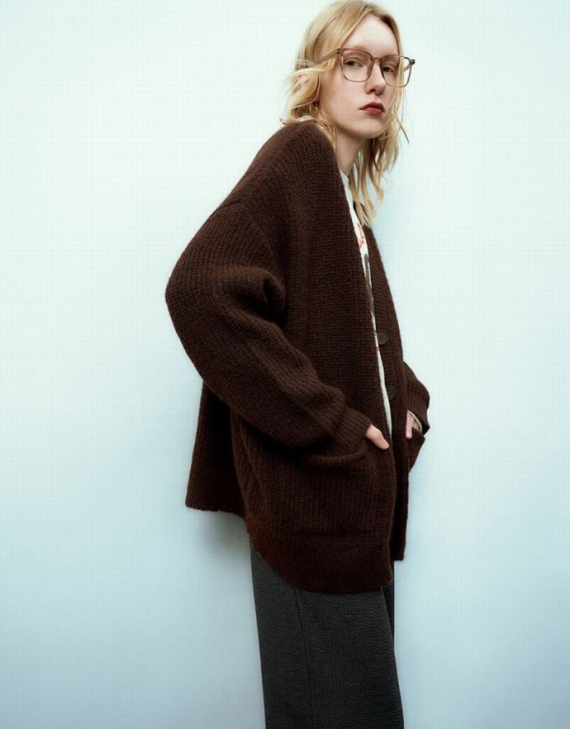 Brown Urban Revivo Drop Shoulder Sleeve V-Neck Knitted Women's Cardigan | LGEICN-139