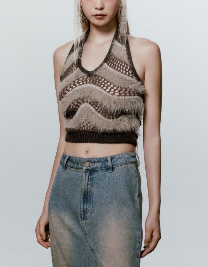 Brown Urban Revivo Fluffy Knitted Women's Cardigan | UJFEKG-138