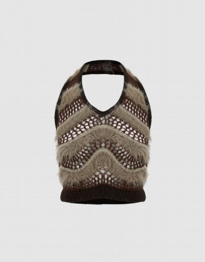 Brown Urban Revivo Fluffy Knitted Women\'s Cardigan | UJFEKG-138