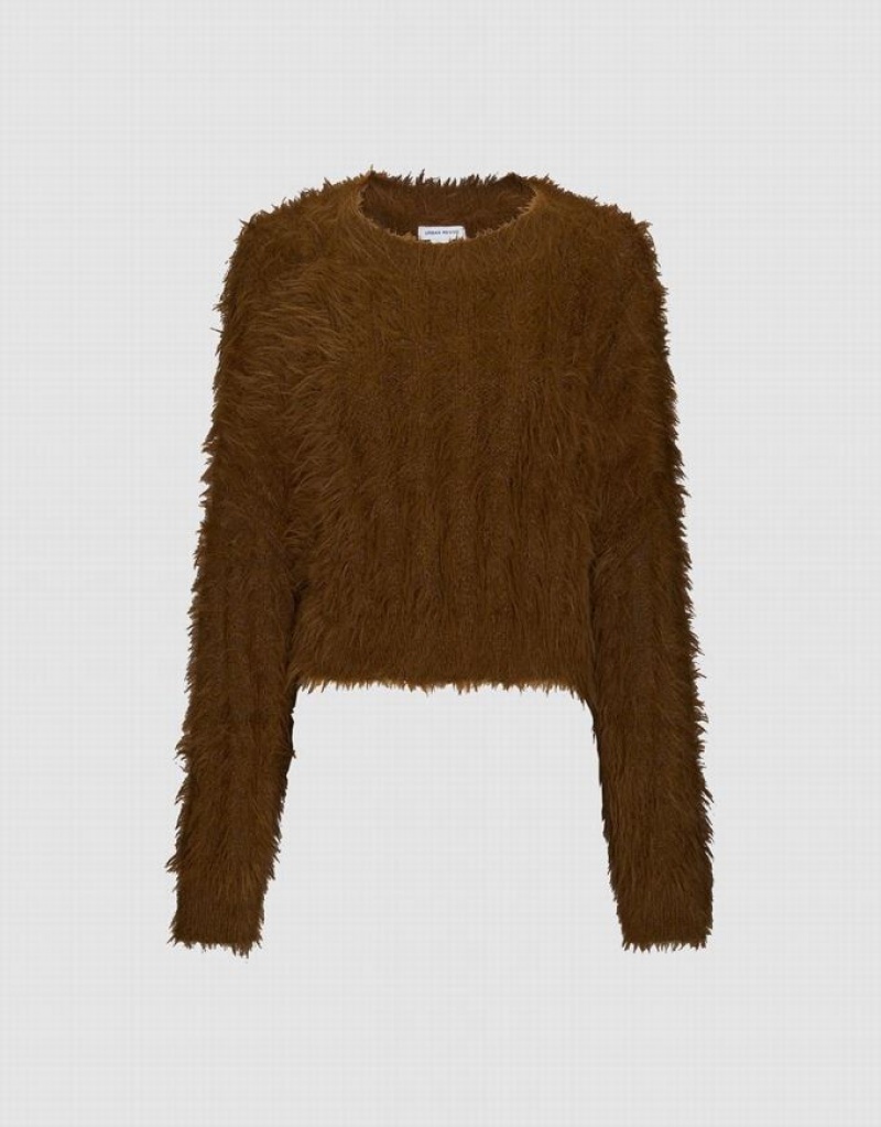 Brown Urban Revivo Furry Crew Neck Knitted Women's Cardigan | OREBAS-146