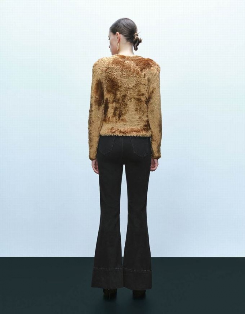 Brown Urban Revivo Furry Crew Neck Knitted Women's Cardigan | GNVWST-845