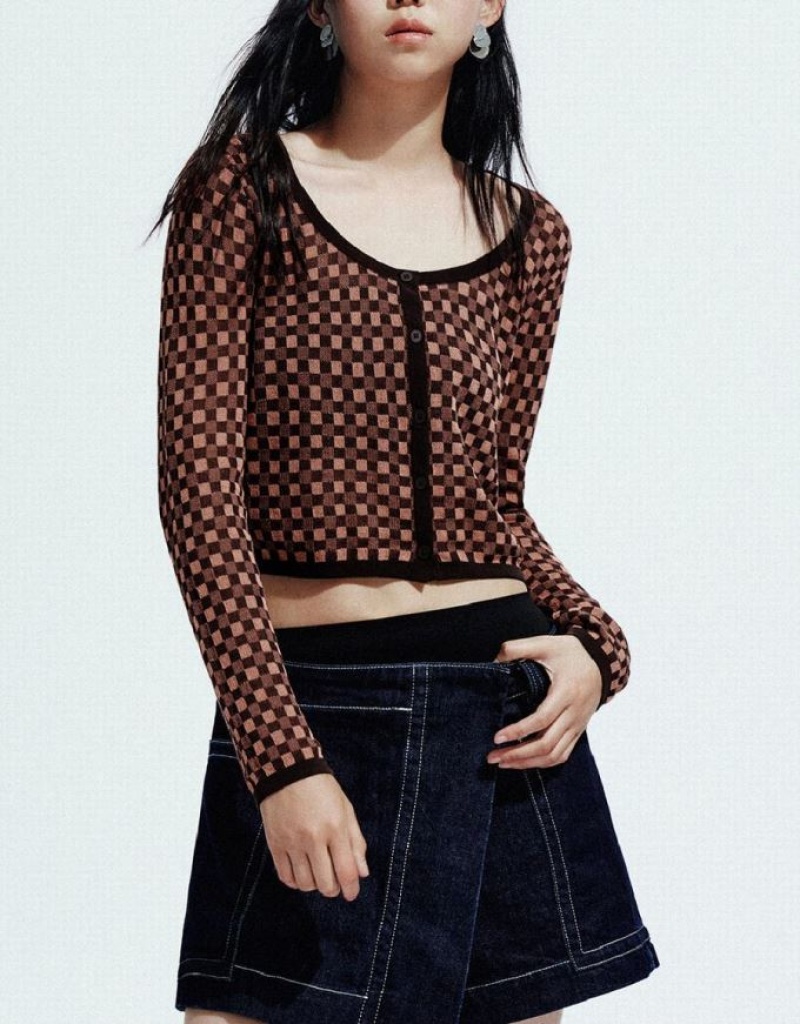 Brown Urban Revivo Gingham U Neck Knitted Women's Cardigan | GFXKDI-536