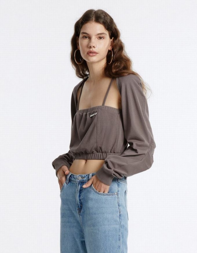 Brown Urban Revivo Knit Crop Top Women's Sweatshirts | HRSLDN-923