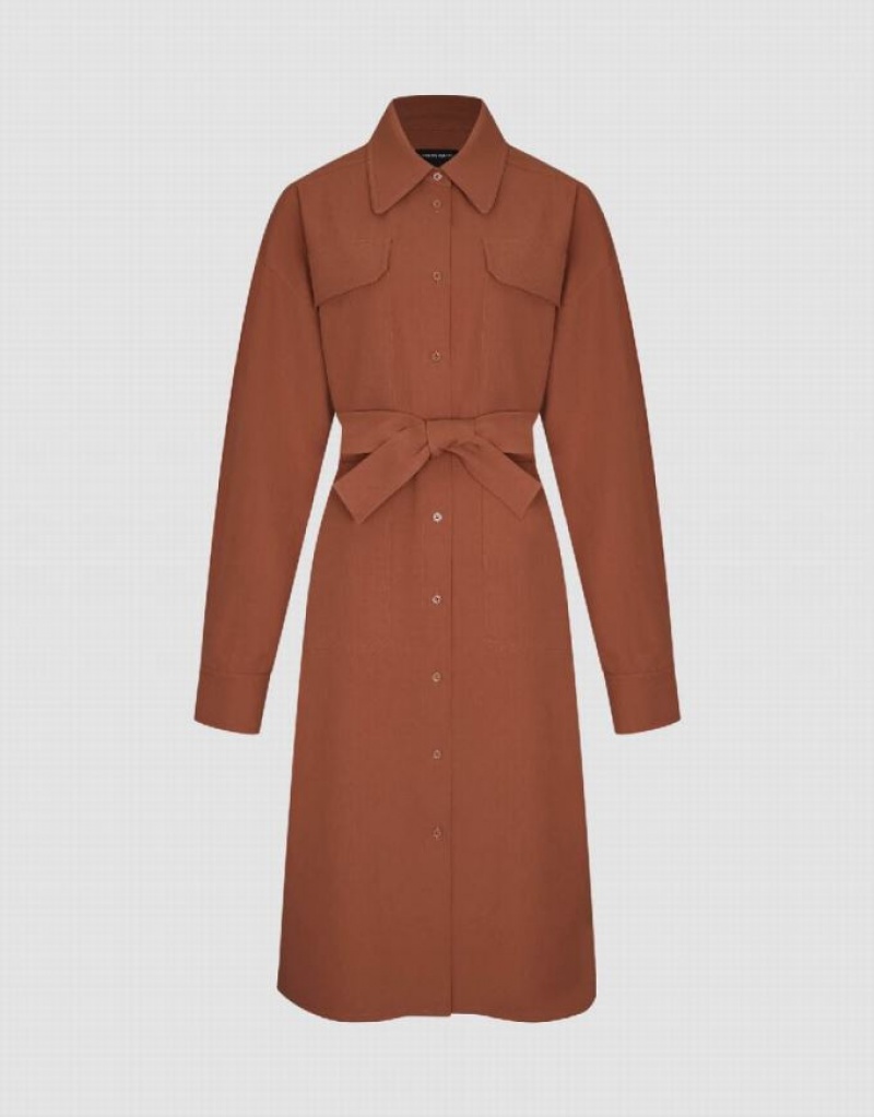 Brown Urban Revivo Lapel Straight With Belt Women's Dress | RVQULT-256