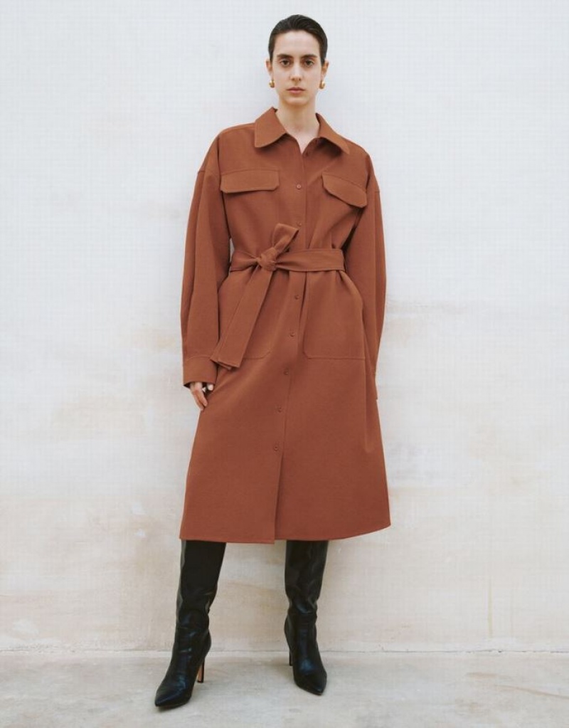 Brown Urban Revivo Lapel Straight With Belt Women\'s Dress | RVQULT-256
