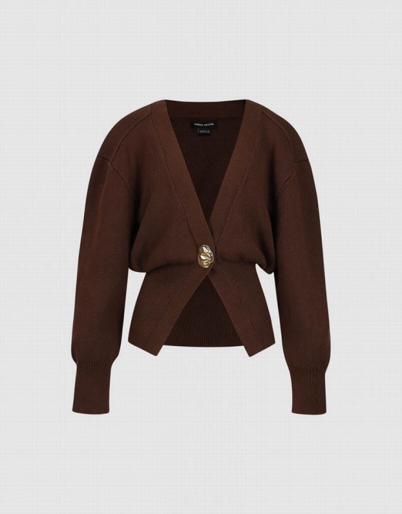 Brown Urban Revivo Leaf Shape Button Knitted Women's Cardigan | RKLTDH-643
