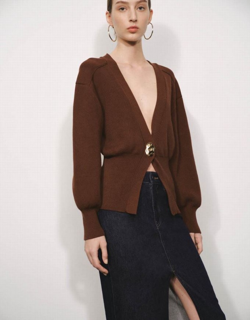 Brown Urban Revivo Leaf Shape Button Knitted Women's Cardigan | RKLTDH-643