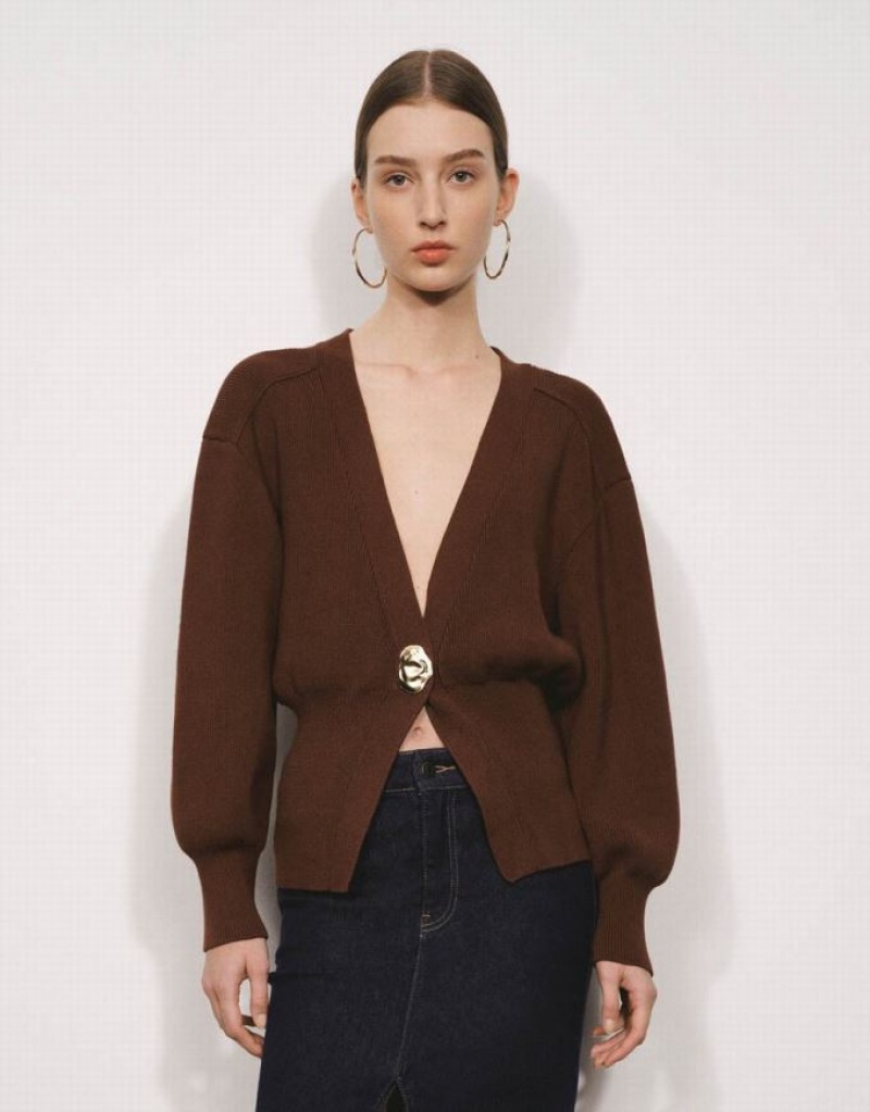 Brown Urban Revivo Leaf Shape Button Knitted Women\'s Cardigan | RKLTDH-643