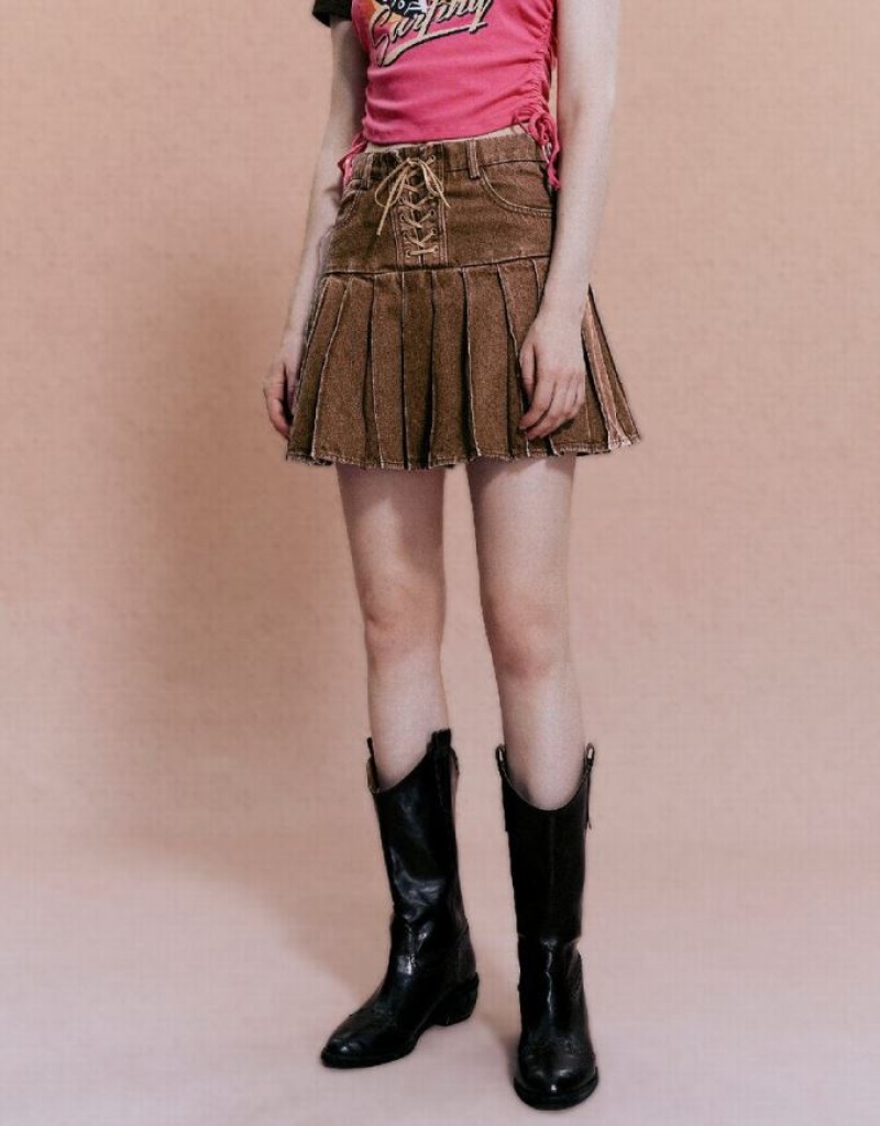Brown Urban Revivo Mini A-Line Women's Denim Skirt | HOWJMP-473