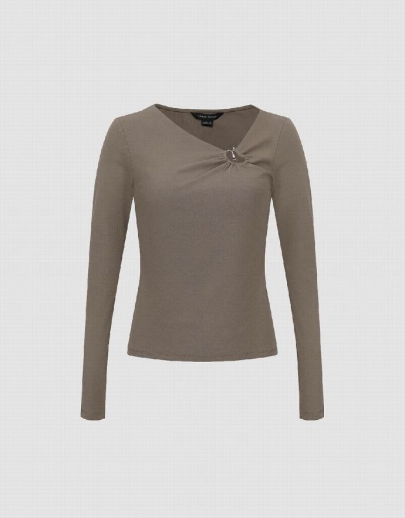 Brown Urban Revivo One Shoulder Skinny Women's T-Shirts | HSYMQG-496