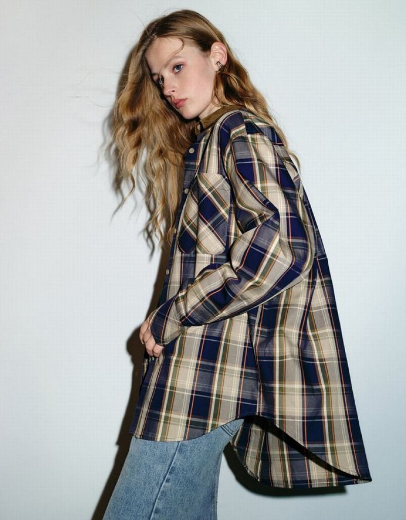 Brown Urban Revivo Plaid A-Line Women's Shirts | WMYDHP-379